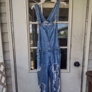 Machine Jeans Overalls Destroyed Distressed Blue Denim Buttons Pockets Size 26